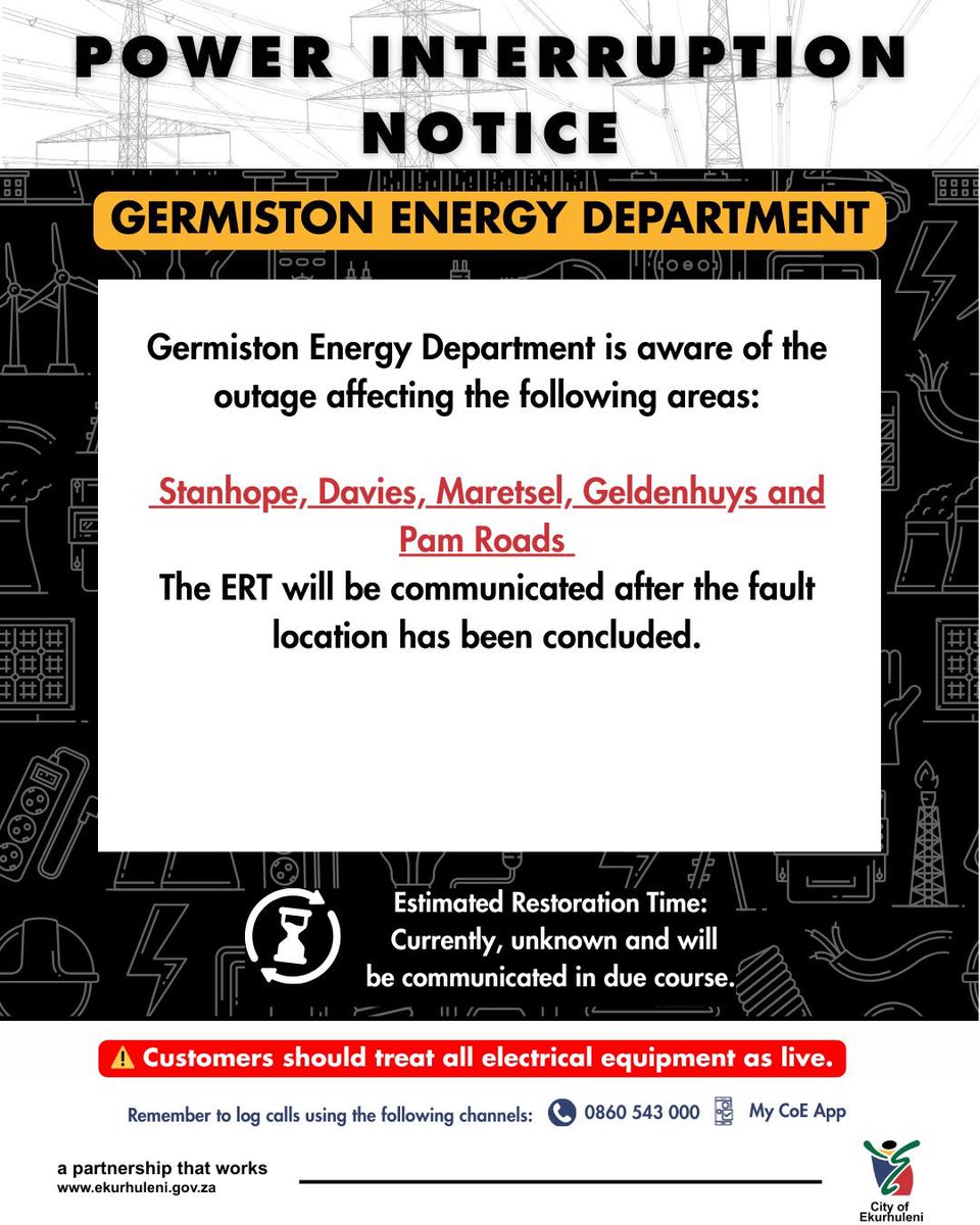 Sanibonani bahlali base Germiston. Please take note of the following power interruption for the areas listed below.

#COEPower #COEWorks