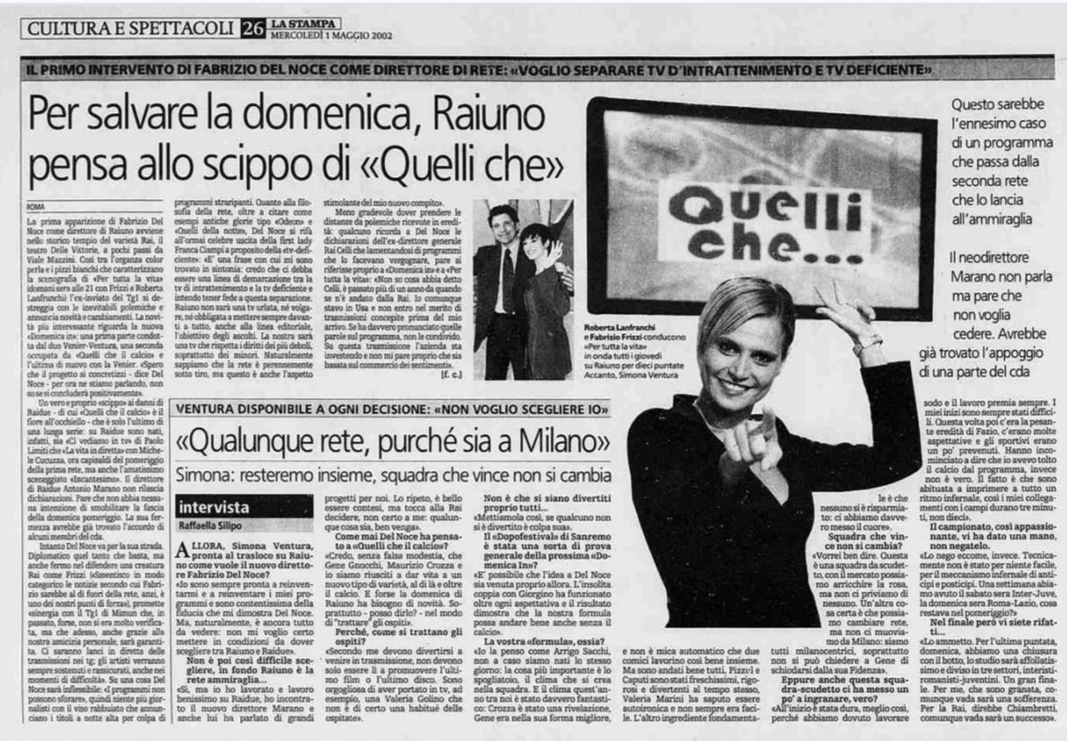 argento_ics's tweet photo. Primavera 2002. Al neo direttore di Rai 1 Fabrizio del Noce sta balzando in mente un'idea: spostare #Quellicheilcalcio su Rai 1. https://t.co/IaVomR27IK