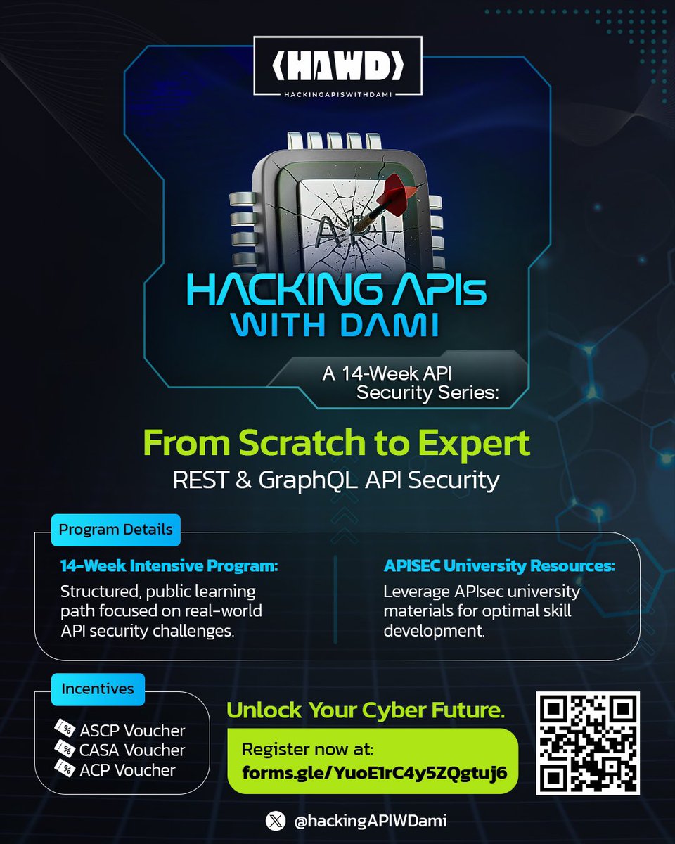 HackingAPIWDami's tweet image. It’s been exactly  a week since we opened the HackingAPIsWithDami form  and the response has been incredible. We planned to keep it open for 4 weeks, but due to the volume, registration will now close on Dec 26 2025.
If you’re interested, don’t miss it 👉 forms.gle/YuoE1rC4y5ZQgt…