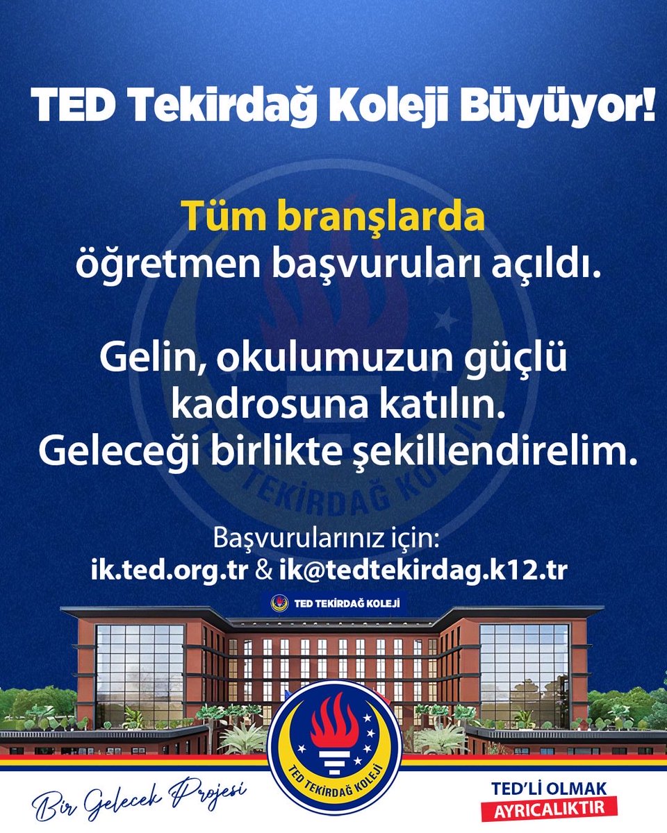 TedTekirdag's tweet photo. TED Tekirdağ Koleji Büyüyor!

Tüm branşlarda öğretmen başvuruları açıldı.

Gelin, okulumuzun güçlü kadrosuna katılın. Geleceği birlikte şekillendirelim.

Başvurularınız için:
https://t.co/DvoFP4Np4v
ik@tedtekirdag.k12.tr https://t.co/uV6nLm1GhC