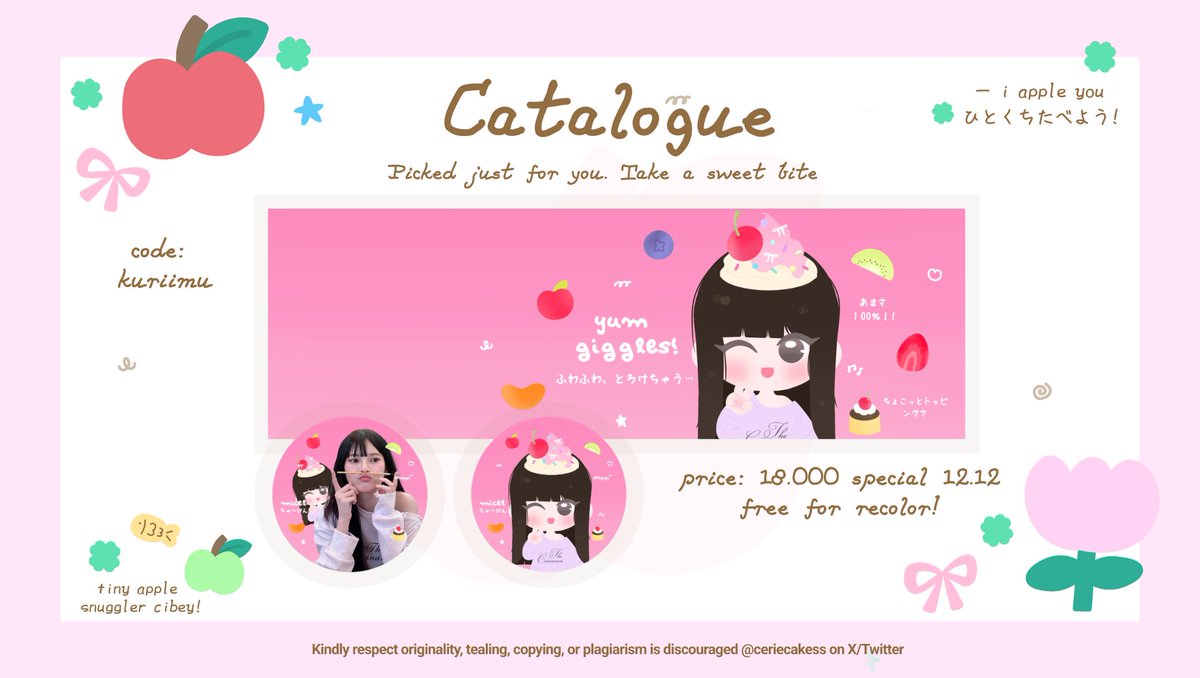 ceriecakess's tweet image. help repost, arigatoo 𖹭

aloo! it's 12.12 day ⭐ *yippiee  special hari ini, bEY petani apel ada promo 10% untuk semua layout chibi?! 🩴🪴🌀 yuk petik buah segar mu di kebun bEY apel sebelum jatuh di keranjang orang lain! h_______&amp;lt; 🗑🍏💧💬 *cekie alt ia

#zonauang #zonaba
