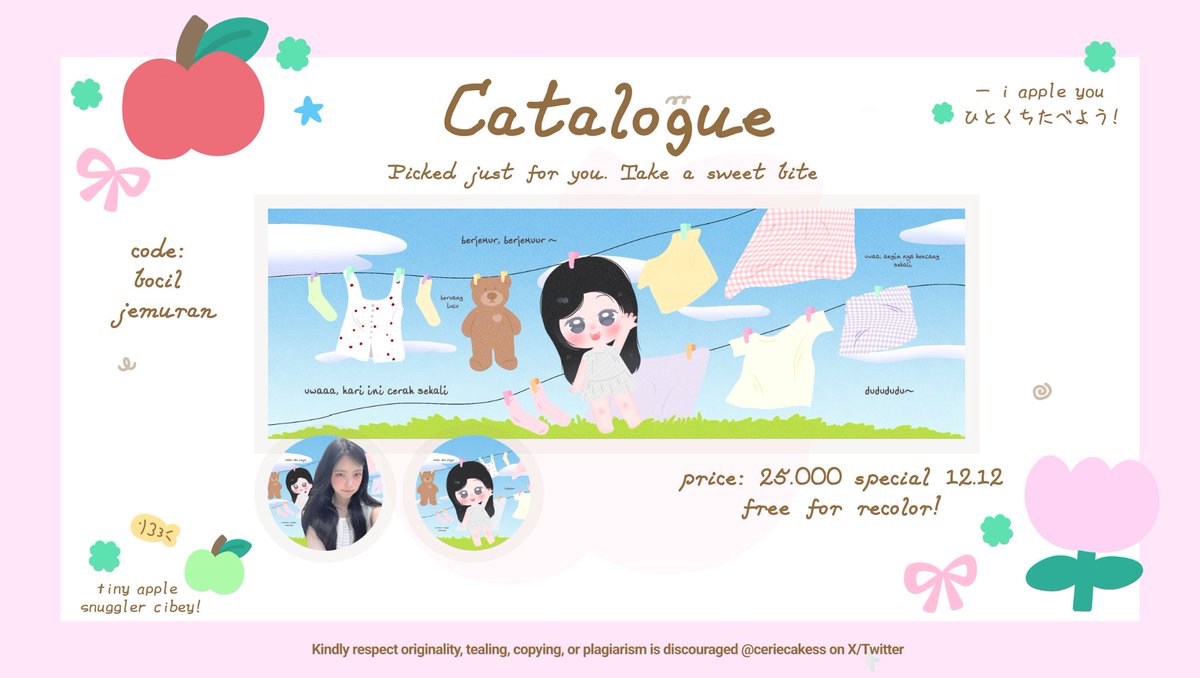 ceriecakess's tweet image. help repost, arigatoo 𖹭

aloo! it's 12.12 day ⭐ *yippiee  special hari ini, bEY petani apel ada promo 10% untuk semua layout chibi?! 🩴🪴🌀 yuk petik buah segar mu di kebun bEY apel sebelum jatuh di keranjang orang lain! h_______&amp;lt; 🗑🍏💧💬 *cekie alt ia

#zonauang #zonaba