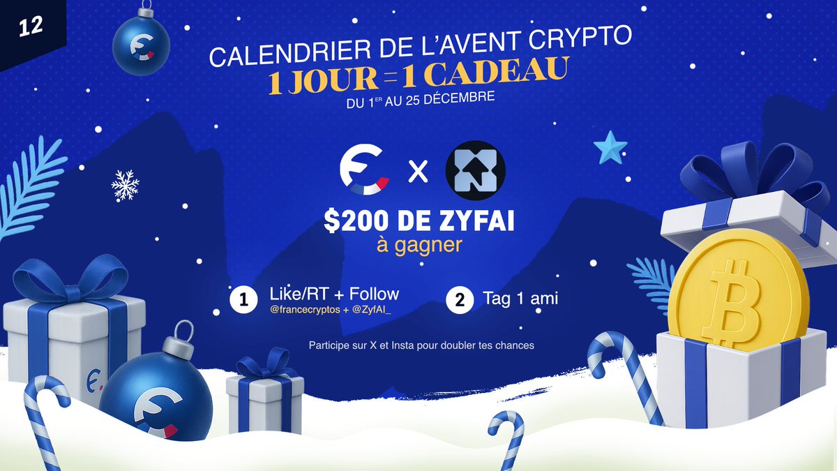 FranceCryptos's tweet image. 🎄 CONCOURS DE NOËL - JOUR 12🎁

À gagner aujourd&apos;hui:
200$ de $ZFI

Pour participer :
👉 Suivre @francecryptos &amp;amp; @ZyfAI_ 
👉 Liker ce post
👉 Tag 1 ami en commentaire
✨ Bonus : double chance si tu participes aussi sur Insta !
📅 Tirage au sort le 28/12

Bonne chance à tous !…