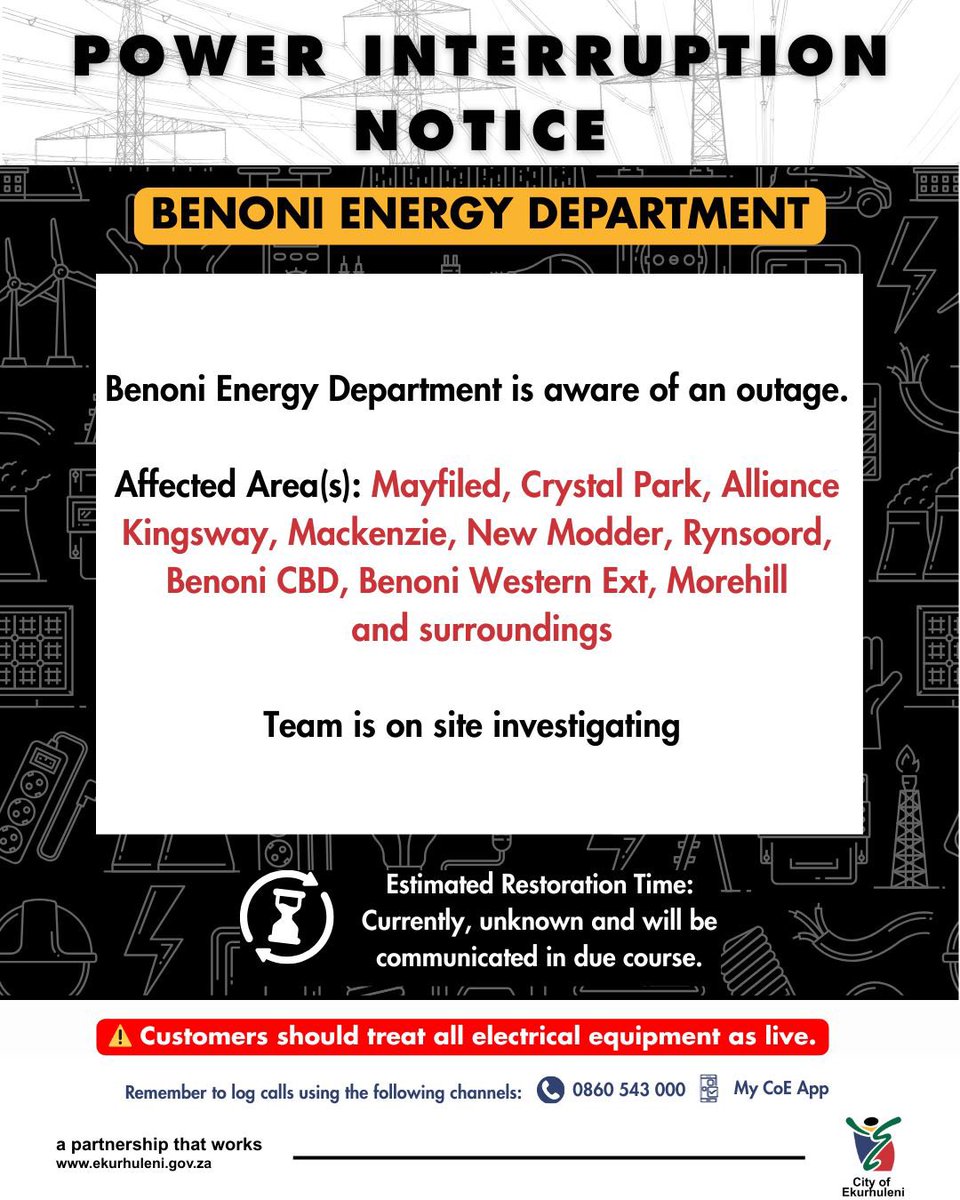 Sanibonani bahlali base Benoni. Please take note of the following power interruption for the areas listed below.

#COEPower #COEWorks