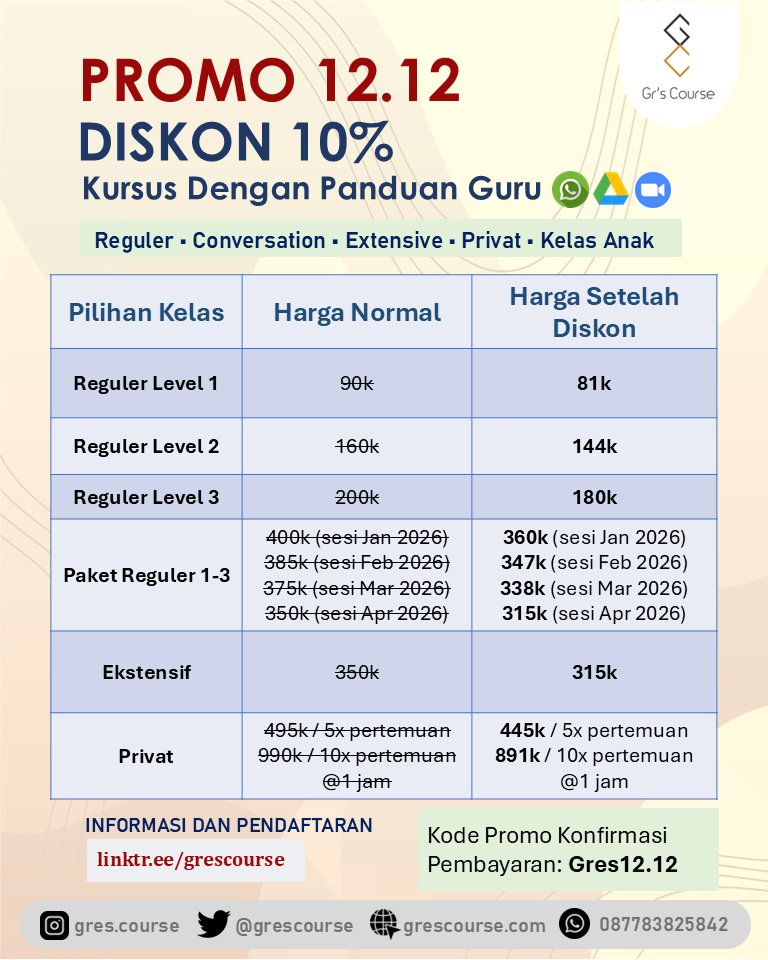 grescourse's tweet photo. PROMO 12/12 GR'S COURSE
Hanya berlaku hari ini! Semua program kursus belajar di Gr's Course diskon sebesar 10%.
Lampirkan Kode Promo: "Gres12.12" setelah konfirmasi pembayaran.
Buruan daftar melalui: https://t.co/XfpGdUz1Po atau klik link di bio. 😊 https://t.co/g3F9W9ELyw