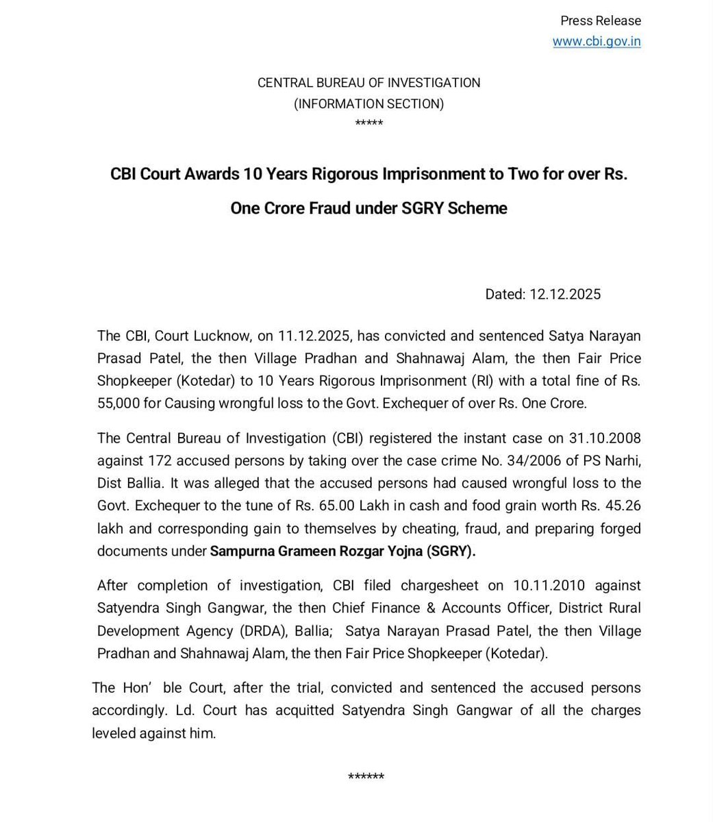 CBIHeadquarters's tweet image. CBI Court Awards 10 Years Rigorous Imprisonment to Two for over Rs. One Crore Fraud under SGRY Scheme