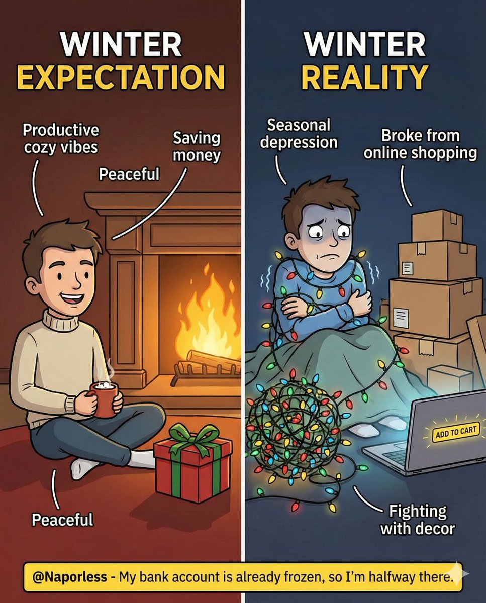 naporlesss's tweet photo. My winter "cozy vibes" quickly turned into "fighting a ball of tangled lights for 3 hours while impulse-buying things I don't need at 2 AM." 🎄💸

My bank account is officially frozen solid.

#Naporless #WinterReality #HolidaySeason #Broke https://t.co/uAuektYKk9