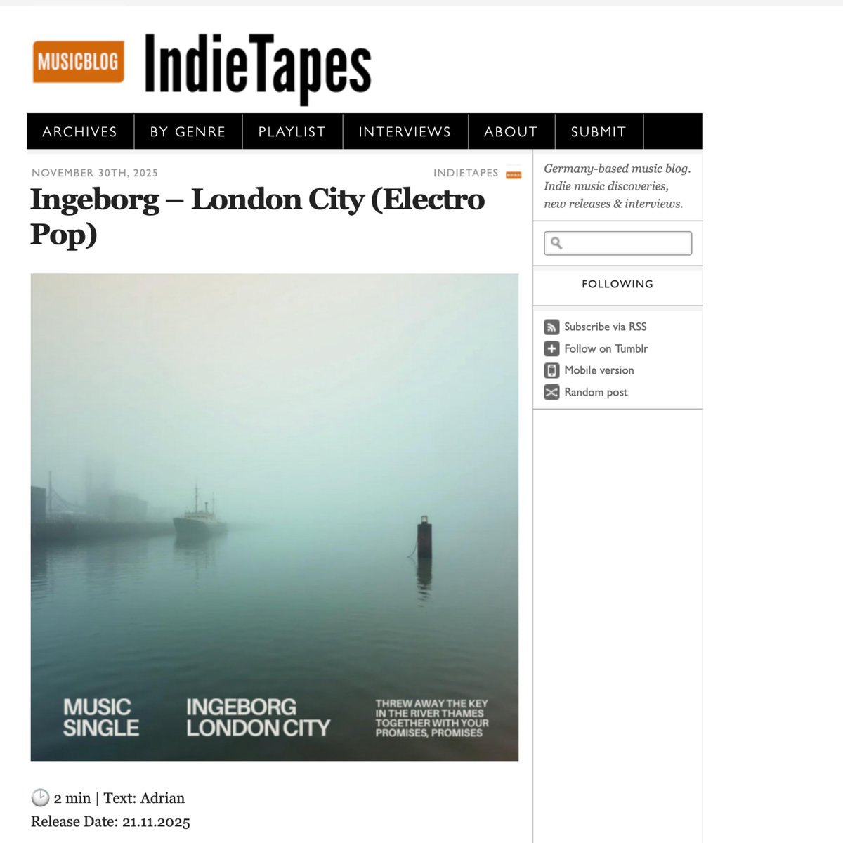 Buzzing!  Thrilled to see the latest single, "London City," featured by Indie Tapes
loom.ly/Y-iIYsg

#SyncMusic #MusicSupervisor #RadioPlugger #NordicPop #CinematicPop #MediaRelations #NewMusicAlert #CreativePartnership: