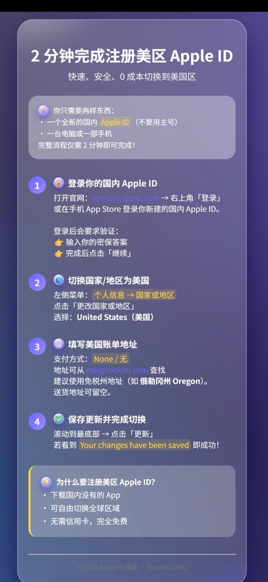 2分钟完成注册美区 Apple ID 教程

准备两样东西：
一个全新的国内 Apple ID（不要用你的主号）
一台电脑或一部手机

详细教程如下👇