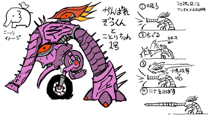 ペンネーム TUTAKAZURA 吸引ロボとうことで、もうそのまんまゾウです。 ゾウの上に小鳥が乗ってるイメージです。 タイヤ移動で左右に動くがジャンプはできないです。 もうそのまんまゾウです。 #ロックマンDO #ボスデザインコンテスト