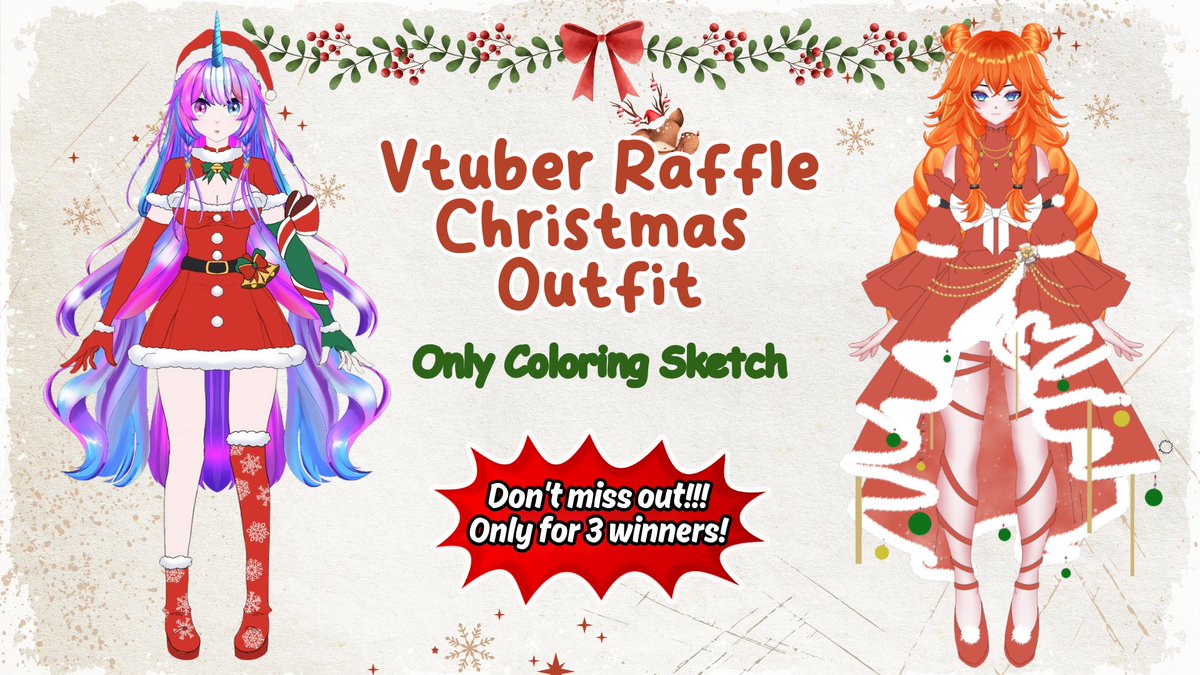 🎄CHRISTMAS ART RAFFLE🎄
Win a FREE VTuber Costume Coloring Sketch!
(Only3 Winners) 
✦ Follow me 
✦ Like &amp; RT 
✦ Comment with your OC/VTuber ref + Christmas theme idea! 
Ends: 19 December 2025 (16:00 UTC)
#Vtuber #Vtuberart #Live2D #artmoots #artraffle