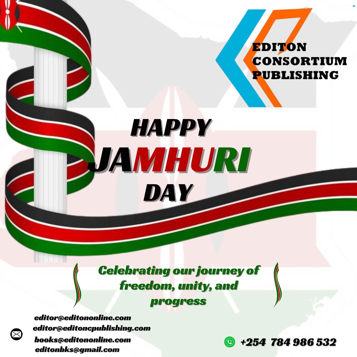 editoncp's tweet photo. Happy Jamhuri Day!   
From the editorial desk at Editon Consortium Publishing, we honour Kenya’s enduring journey—freedom fought, unity forged, progress pursued. 
Let’s keep writing the future, together. 

#JamhuriDay #KenyaAtIndependence #EditonConsortium #FreedomUnityProgress https://t.co/BlEZiic59o