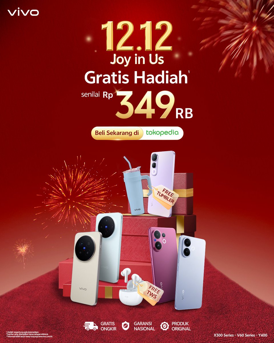 vivo_indonesia's tweet image. Akhir tahun saatnya upgrade smartphone baru 🙌

Yuk beli #vivoX300Series #vivoV60 #vivoV60Lite dan #vivoY400 sekarang di Tokopedia dan dapatkan gratis hadiah senilai Rp349 ribu ✨

Jangan sampai kelewatan, vivolks 👉 bit.ly/1212JoyinUsTok…

#JoyInUs