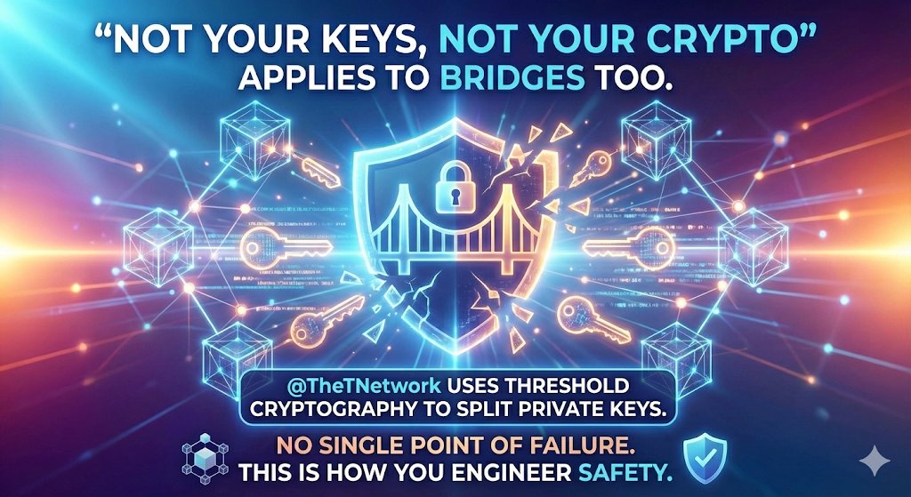 "Not your keys, not your crypto" applies to bridges too.
<a href="/TheTNetwork/">Threshold Network ✜</a> uses threshold cryptography to split private keys across independent nodes.

No single point of failure. This is how you engineer safety.