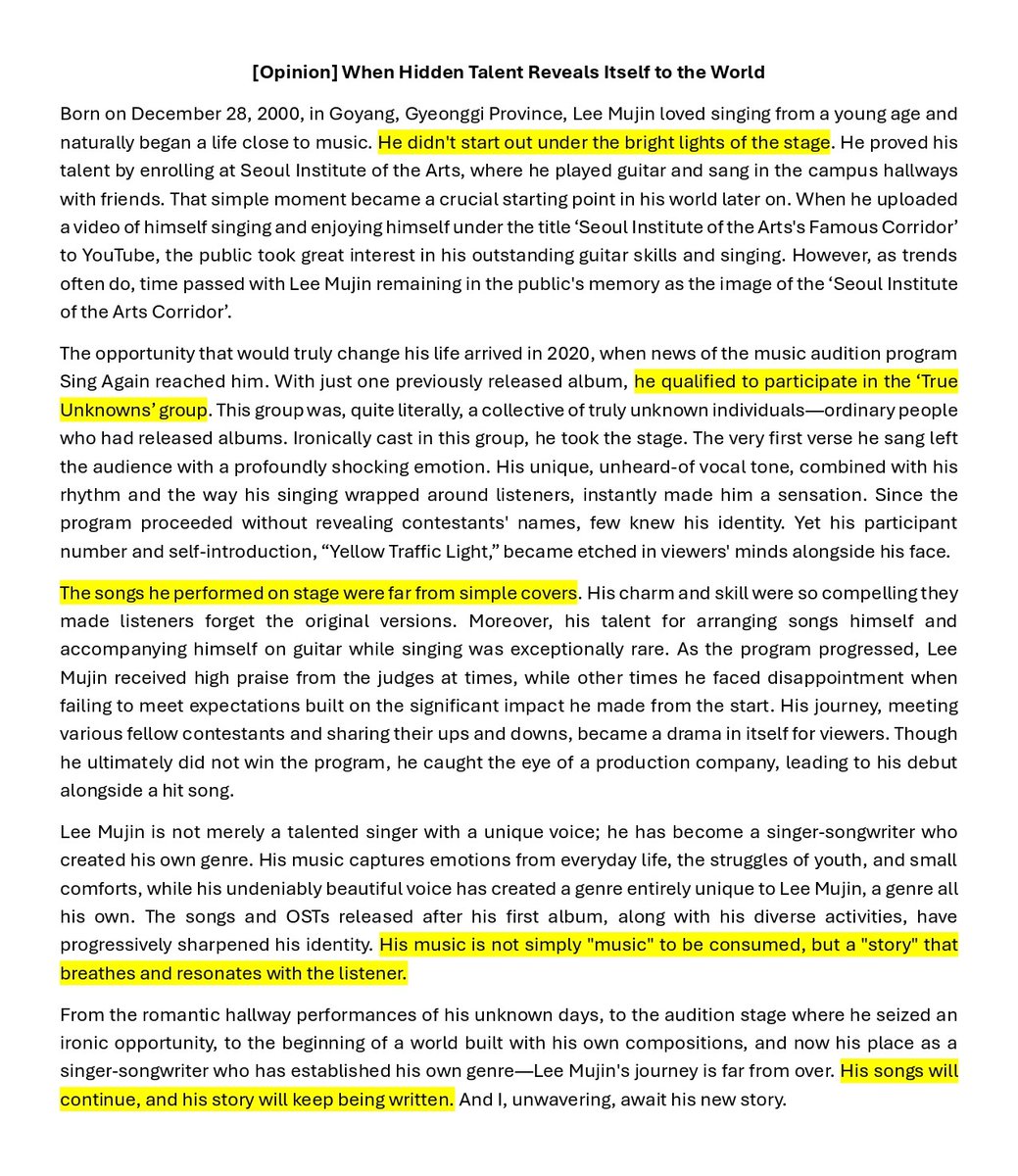 [📰]

[Opinion] When Hidden Talent Reveals Itself to the World

“His songs will continue, and his story will keep being written. And I, unwavering, await his new story.”

#LEEMUJIN #이무진