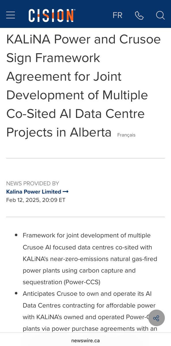CocoMccool's tweet photo. February 2025: KALiNA Power and Crusoe Sign Framework Agreement for Joint Development of Multiple Co-Sited AI Data Centre Projects in Alberta

Crusoe Energy is an American AI data centre developer.

KALiNA Power is Australian.

https://t.co/BIHnrKFtls https://t.co/YCxzuFySl1