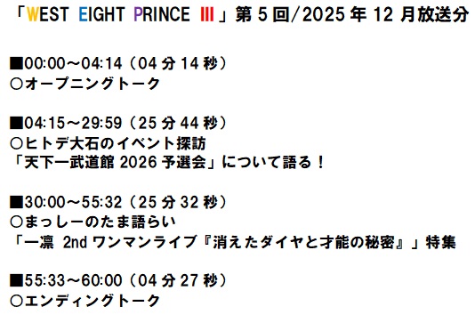 WestEightPrince's tweet photo. WEBラジオ番組「WEST EIGHT PRINCE Ⅲ」第5回/2025年12月放送分、配信中♪

パーソナリティー：ばんだなまっしー、ヒトデ大石

↓リンク先から聴けます。（スマホの方はアプリDL推奨）
https://t.co/WSWDRxn3DD

番組内容、タイムテーブルは画像参照！

何卒よろしくお願いいたします！
#WEP3 https://t.co/gZqyOkwerc