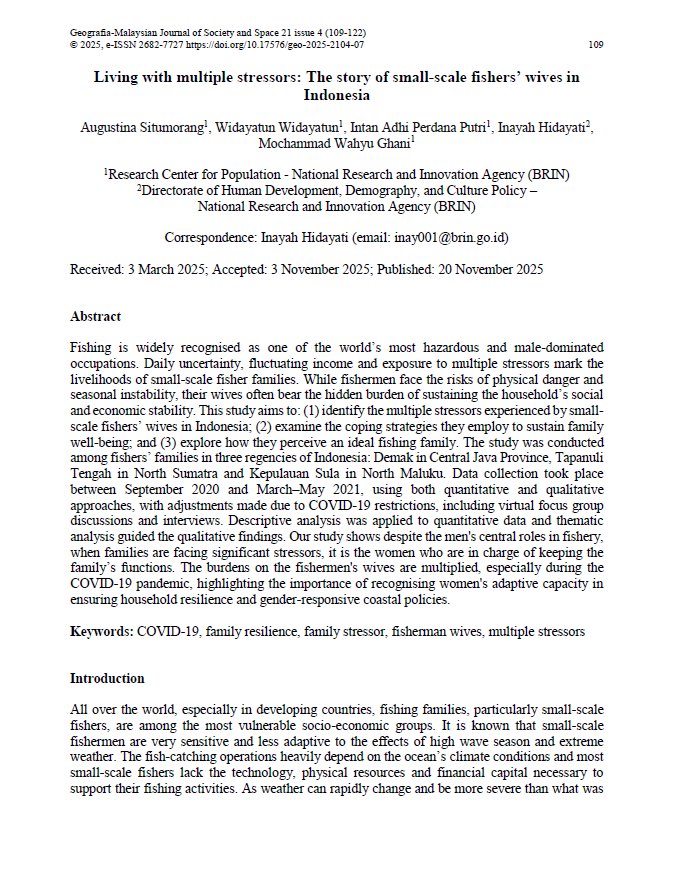 Explore the insight from Augustina and team in their article "Living with multiple stressors: The story of small-scale fishers’ wives in Indonesia."

Read the full article here:
ejournal.ukm.my/gmjss/article/…

#BRIN #Kependudukan #CoastalWomen #FisheriesCommunity #Resilience