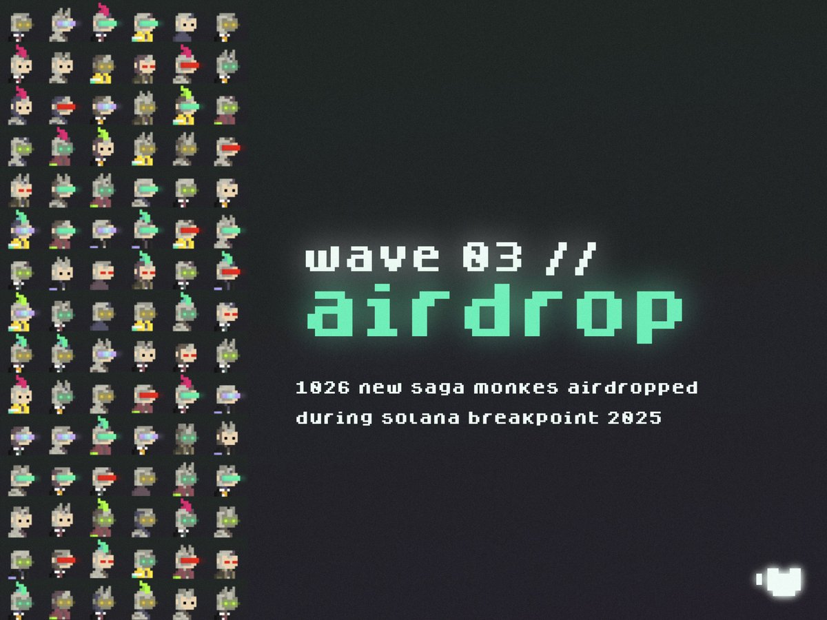 sagamonkes's tweet image. over the next few days, 1026 new @sagamonkes are landing, via free airdrop, in 1026 random wallets within the @solanamobile ecosystem.

this is considered wave03, a first of its kind collection expansion of 30+ variations across brand new tech noir themed traits. 7000+…
