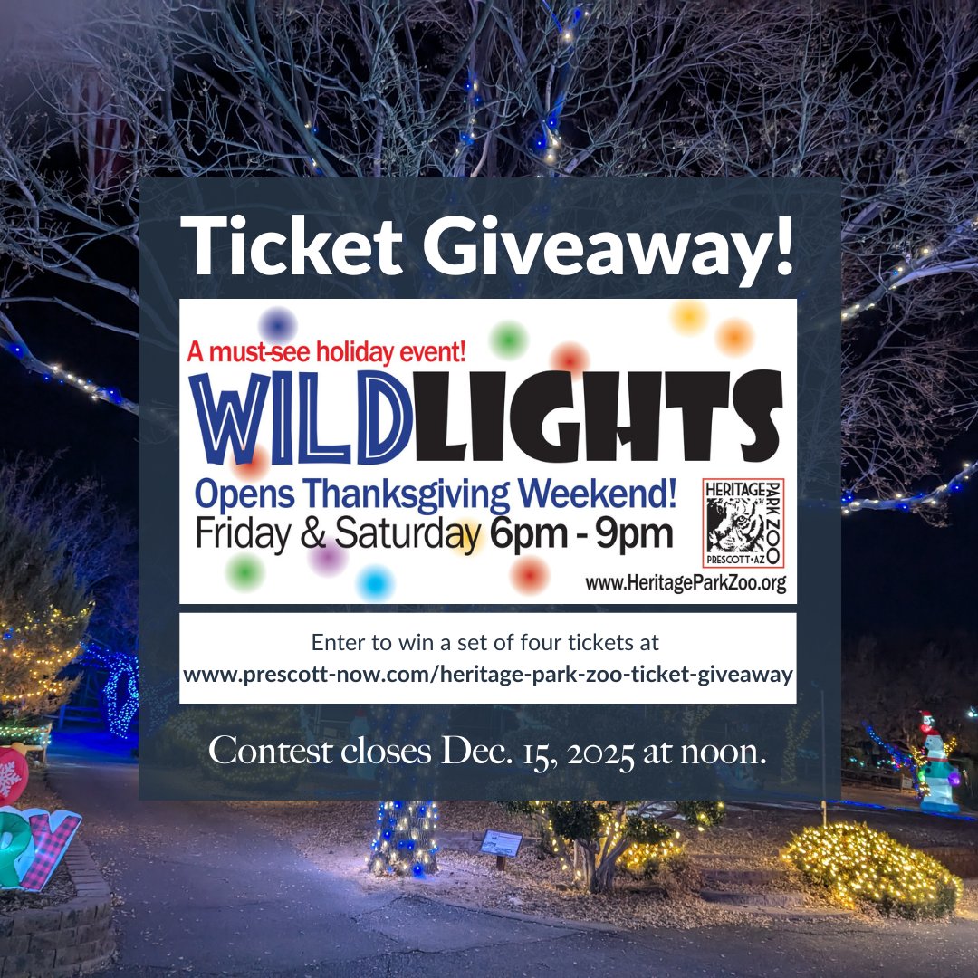 PrescottNOW's tweet image. TICKET GIVEAWAY FOR WILDLIGHTS! 
Enter to win a set of four tickets to WildLights at the Heritage Park Zoological Sanctuary in Prescott!
⭐️ To enter, go to prescott-now.com/heritage-park-…
A random drawing will take place on Monday, Dec. 15.
