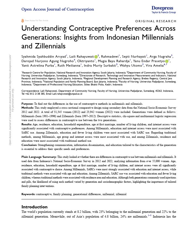 Explore the insight from Syahmida and team in their article "Understanding contraceptive preferences across generations: Insights from Indonesian millennials and zillennials."

Read the full article here:
dovepress.com/understanding-…

#BRIN #Kependudukan #ReproductiveHealth