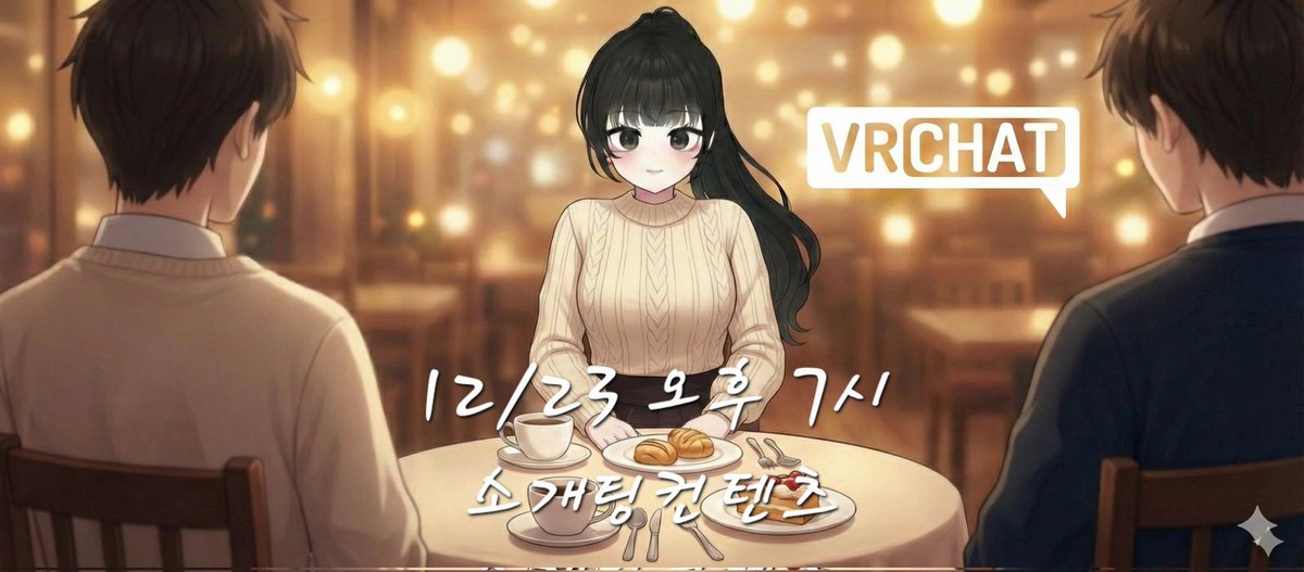 안녕하세요 여러분 VR챗 유튜버 노야입니다.

다름이 아니라 다가올
크리스마스를 기념해서 12월 23일 오후 7시에 VR챗 소개팅 컨텐츠를 진행하고자 합니다. 

생방송으로 컨텐츠 진행 후에 편집 후 유튜브에 업로드 될 예정이며

인원은 남성유저 3분 여성유저 2분을 구하고 있습니다.

만약