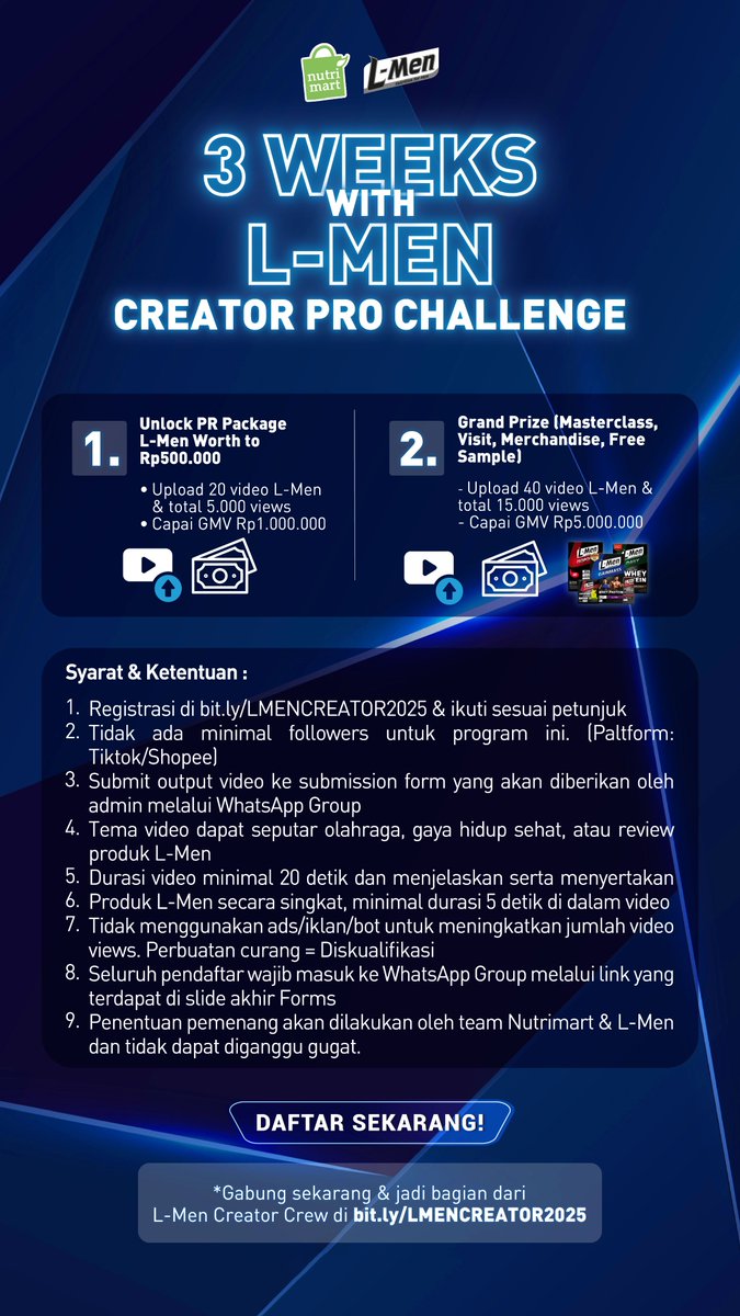 LMen's tweet image. 🔥 3 WEEKS WITH L-MEN: CREATOR PRO CHALLENGE🔥
Yuk ikut challenge 3 minggu buat konten bareng Produk L-Men dan dapatkan hadiahnya!
 
Daftar sekarang di: bit.ly/LMENCREATOR2025 
 
 🗓️ Periode Pendaftaran hingga 31 Desember 2025