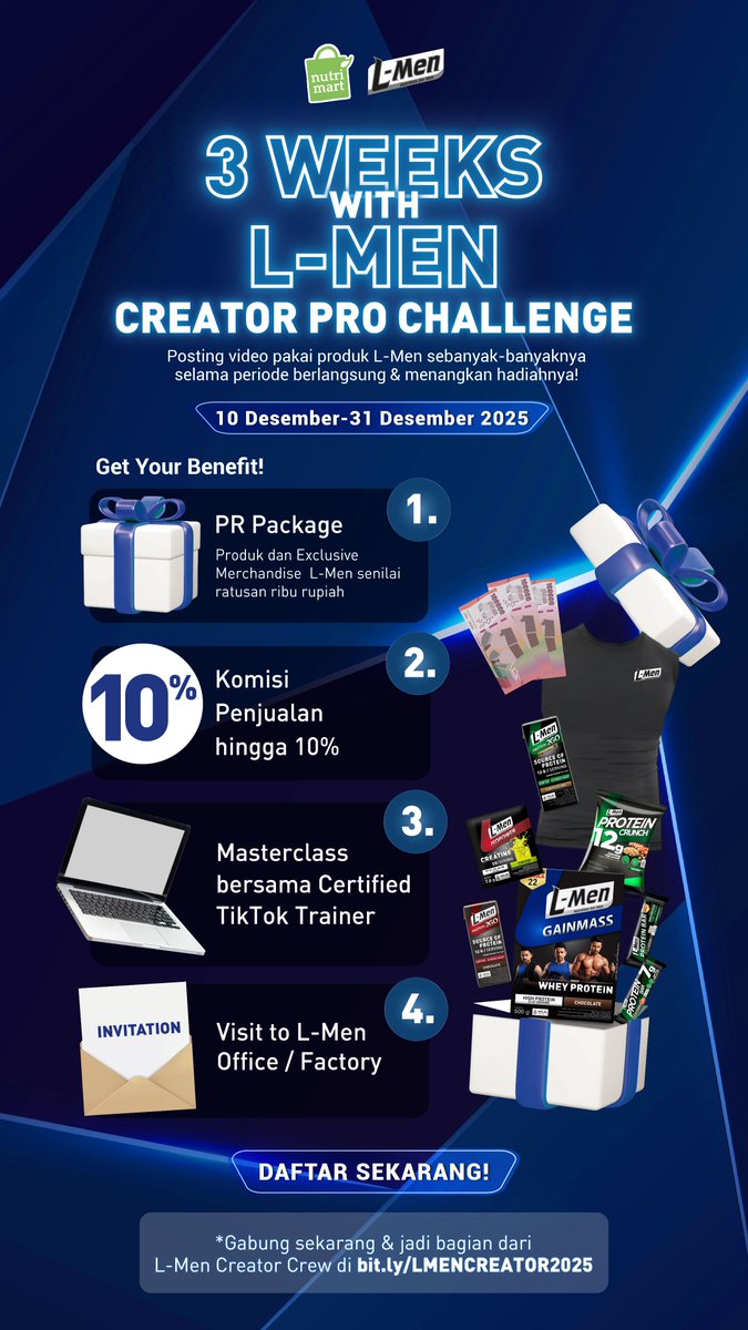 LMen's tweet image. 🔥 3 WEEKS WITH L-MEN: CREATOR PRO CHALLENGE🔥
Yuk ikut challenge 3 minggu buat konten bareng Produk L-Men dan dapatkan hadiahnya!
 
Daftar sekarang di: bit.ly/LMENCREATOR2025 
 
 🗓️ Periode Pendaftaran hingga 31 Desember 2025