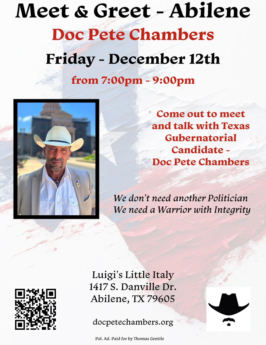 FRIDAY EVENING IN ABILENE!! 
Get out there and meet <a href="/DocPete4Texas/">DocPeteChambersForTexas</a>