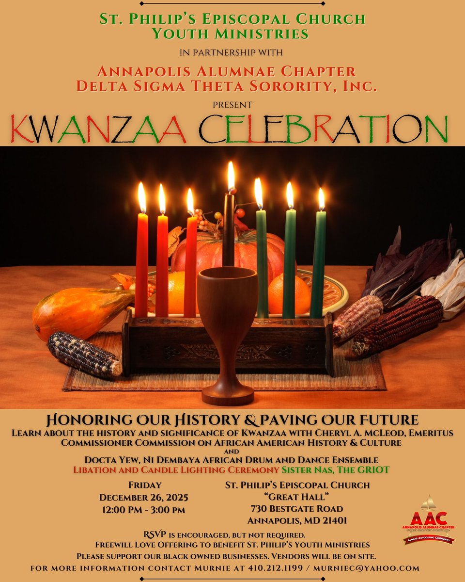 Celebrating culture, community, and connection. The Annapolis Alumnae Chapter, DST is proud to partner with St. Philip’s Episcopal Church Youth Ministries for the 2025 #Kwanzaa Celebration.
#AnnapolisAlumnae
#OneDeltaOneMission
<a href="/dstinc1913/">dstinc1913</a> 
<a href="/easternregdst/">EasternRegionDST</a>