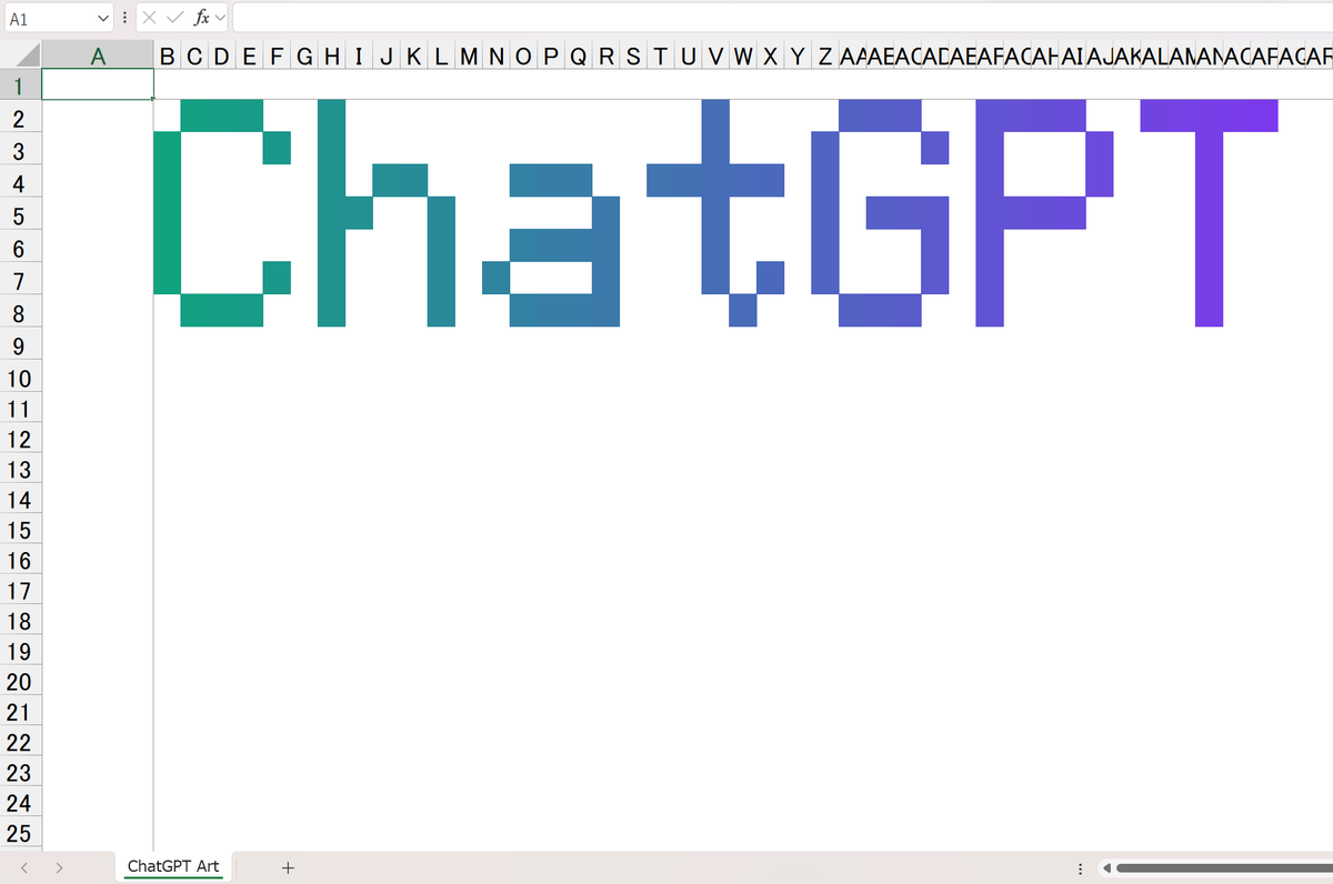 super_bonochin's tweet photo. おー！GPT-5.2に「セルの塗りつぶしによって"ChatGPT"と読めるピクセルアートを生成してexcelファイルとしてちょうだい」って言ったらサクッと作ってくれたｗ https://t.co/BOgnj781ap