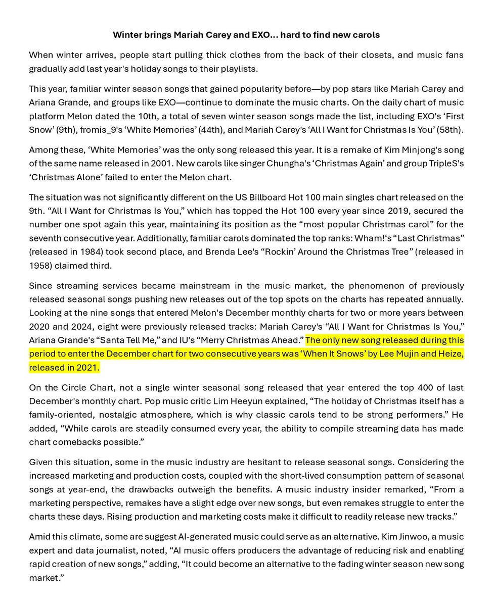 [📰]

“The only new song released during this period (between 2020 and 2024) to enter the December chart for two consecutive years was ‘When It Snows’ by Lee Mujin and Heize, released in 2021.”

#LEEMUJIN #이무진