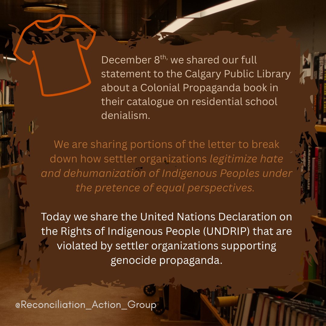 ReconciliACTgr's tweet photo. Yesterday we shared portions of our letter to the Calgary Public Library and their violation of Human Rights, in our 2nd post we discuss the rights violated from UNDRIP.
See our full statement to CPL
https://t.co/F8xUTgo7Xw
#TRC #CallstoAction #CPL #CalgaryPublicLibrary https://t.co/JaDlOhauZO