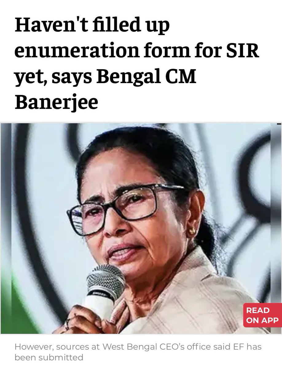 amitmalviya's tweet photo. West Bengal Chief Minister Mamata Banerjee has once again shown her instinct to mislead. She submitted her duly filled and signed Enumeration Form on the very last day, yet just hours earlier from a rally in Krishnanagar she falsely claimed she would not submit it at all.

After months of misinformation and attempts to confuse the voters of West Bengal, Mamata Banerjee finally submitted her own SIR Enumeration Form on 11 December 2025 to remain a valid voter of West Bengal. Meanwhile, the people of Bengal paid little heed to her theatrics, nearly 100% voters completed and submitted their forms. Because of this overwhelming participation, @ECISVEEP didn’t need to extend the process in the state.

The entire episode proves one thing clearly: Bengal’s voters no longer trust the lies peddled by Mamata Banerjee. The expiry date of TMC government is approaching fast.