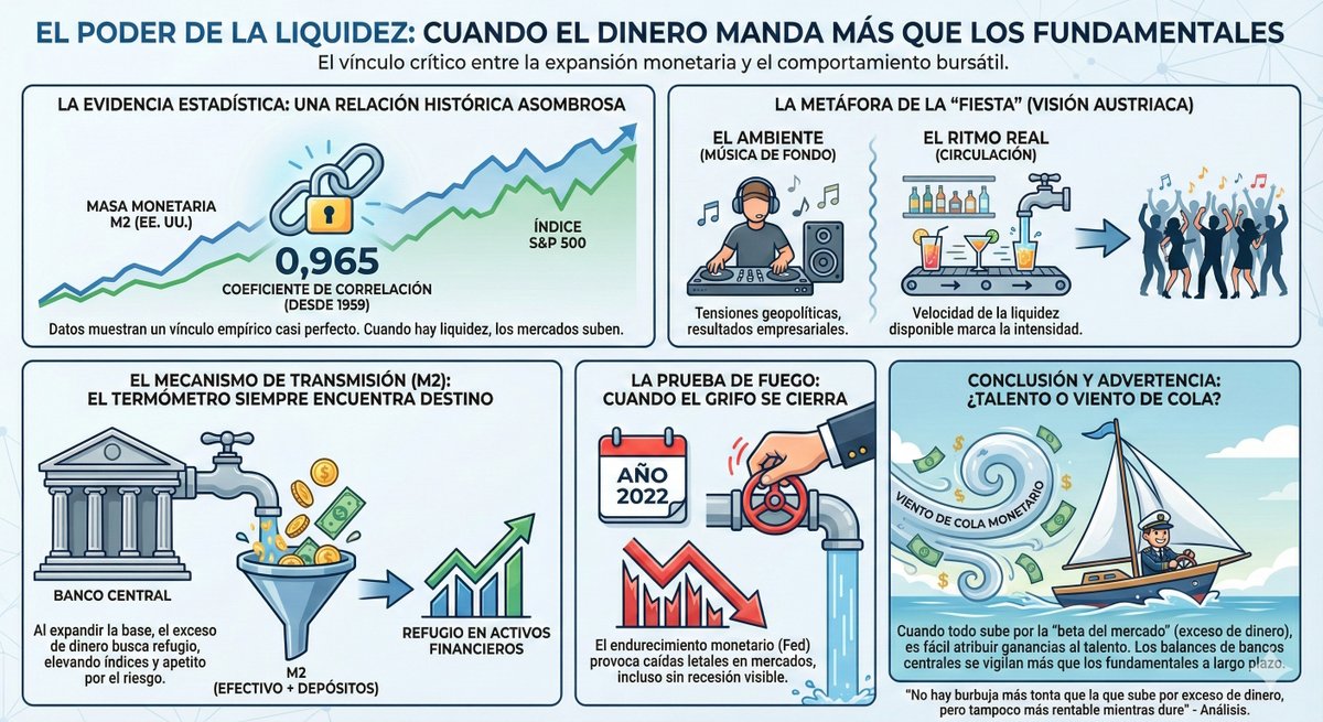 ¿Y si las bolsas no suben por ser “buenas empresas”, sino porque hay demasiado dinero buscando sitio?
Dato incómodo: desde 1959, la correlación entre la M2 en EE. UU. y el S&amp;P 500 es del 0,965. No es opinión. Es estadística. 💸📈

Cuando la liquidez abunda, los mercados tienden a