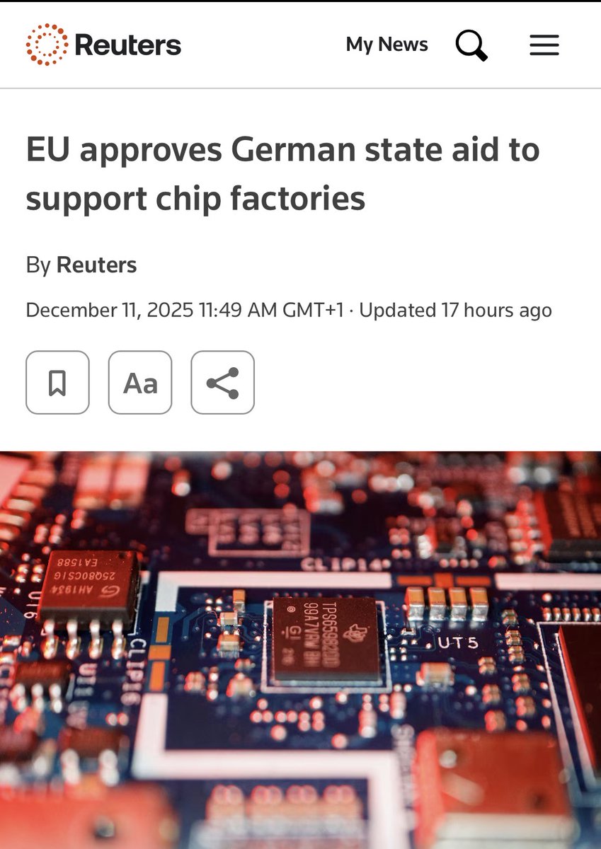 The EU has approved German state aid for new semiconductor factories — a clear signal that Europe is done outsourcing its technological future.

This isn’t just about chips. It’s about resilience. Supply chains, industrial sovereignty, and the ability to build AI, cars, and