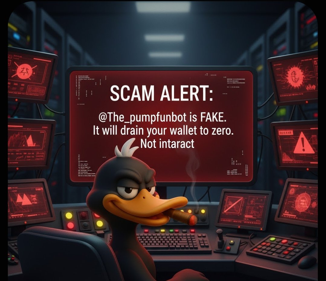 DegenDuck_Quak's tweet photo. 🚫 @The_pumpfunbot = SCAM.
It drains wallets. Stay away.
RT to protect others. #Solana #RugPull #ScamAlert https://t.co/G2bUtqZbqk