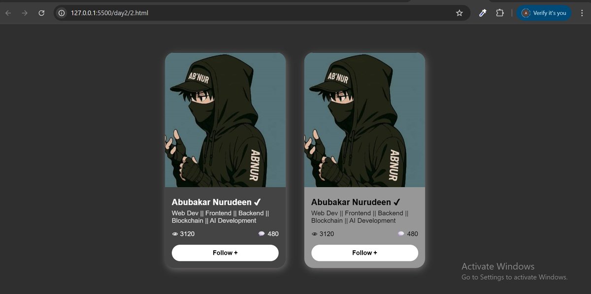Abnoor01's tweet image. ✅ Done with Day 2 of my

#15DaysFrontendDevChallenge
Today’s task: A profile card using HTML/CSS.
Excited to keep building and leveling up every day
Here’s a peep 👇
#15DaysFrontendDevChallenge #CodeChallenge  #WebDevChallenge #BuildInPublic #WebDev #NaijaDevs #SteinAcademy