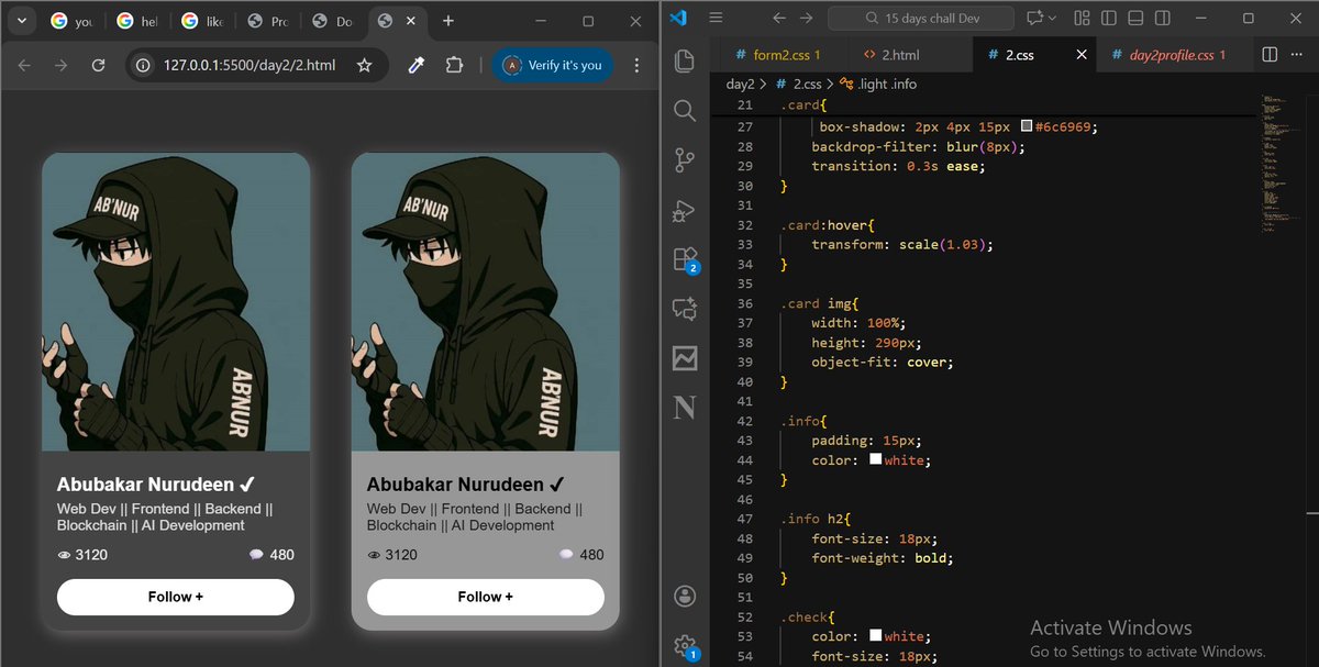 Abnoor01's tweet image. ✅ Done with Day 2 of my

#15DaysFrontendDevChallenge
Today’s task: A profile card using HTML/CSS.
Excited to keep building and leveling up every day
Here’s a peep 👇
#15DaysFrontendDevChallenge #CodeChallenge  #WebDevChallenge #BuildInPublic #WebDev #NaijaDevs #SteinAcademy