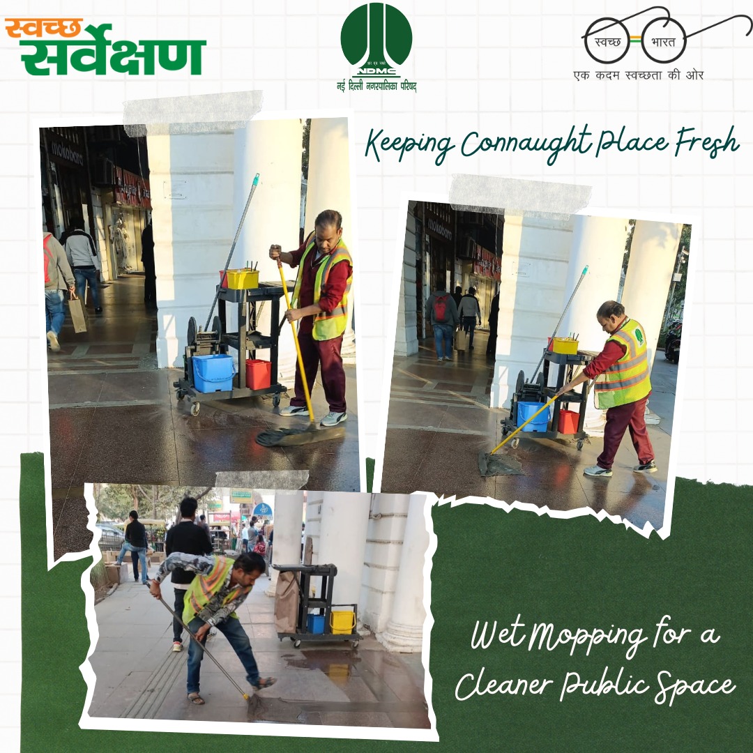 tweetndmc's tweet image. ✨ NDMC teams conduct regular wet mopping in Connaught Place to keep walkways dust-free and the public environment fresh &amp;amp; clean. 🚮🌿 Let’s all work together to keep CP shining! 💚 #NDMCInAction #CleanDelhi #GreenDelhi #DustFreeDelhi