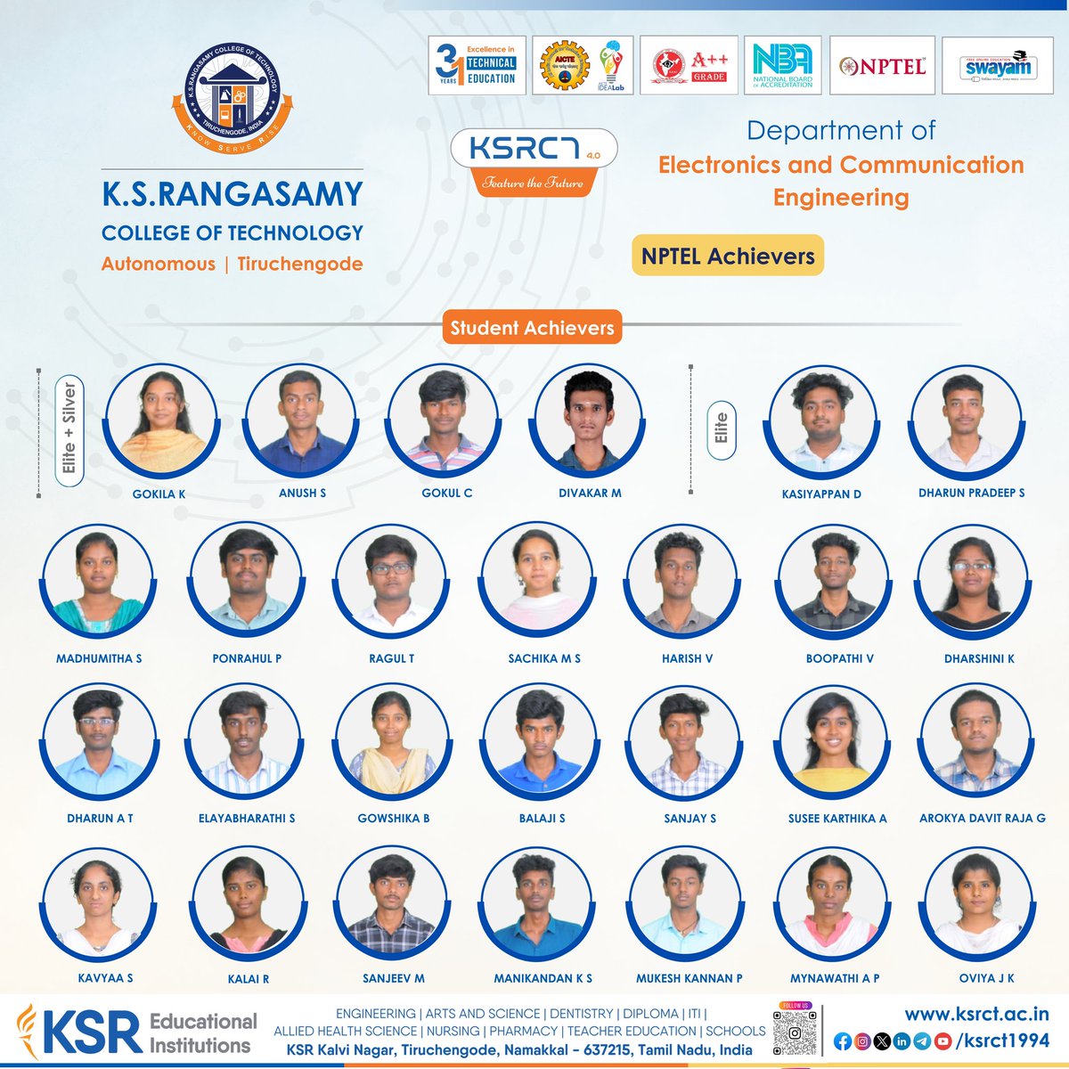 ksrct1994's tweet photo. ECE at KSRCT proudly recognizes the remarkable accomplishments of both faculty members and students in the NPTEL Certification Examinations.
#ksrct1994 #ksrct #ksrei #ECEDept #NPTEL #NPTELAchievements #ProudMoment #FacultyAchievers #StudentAchievers
#ContinuousLearning https://t.co/ROGVfNT5dw