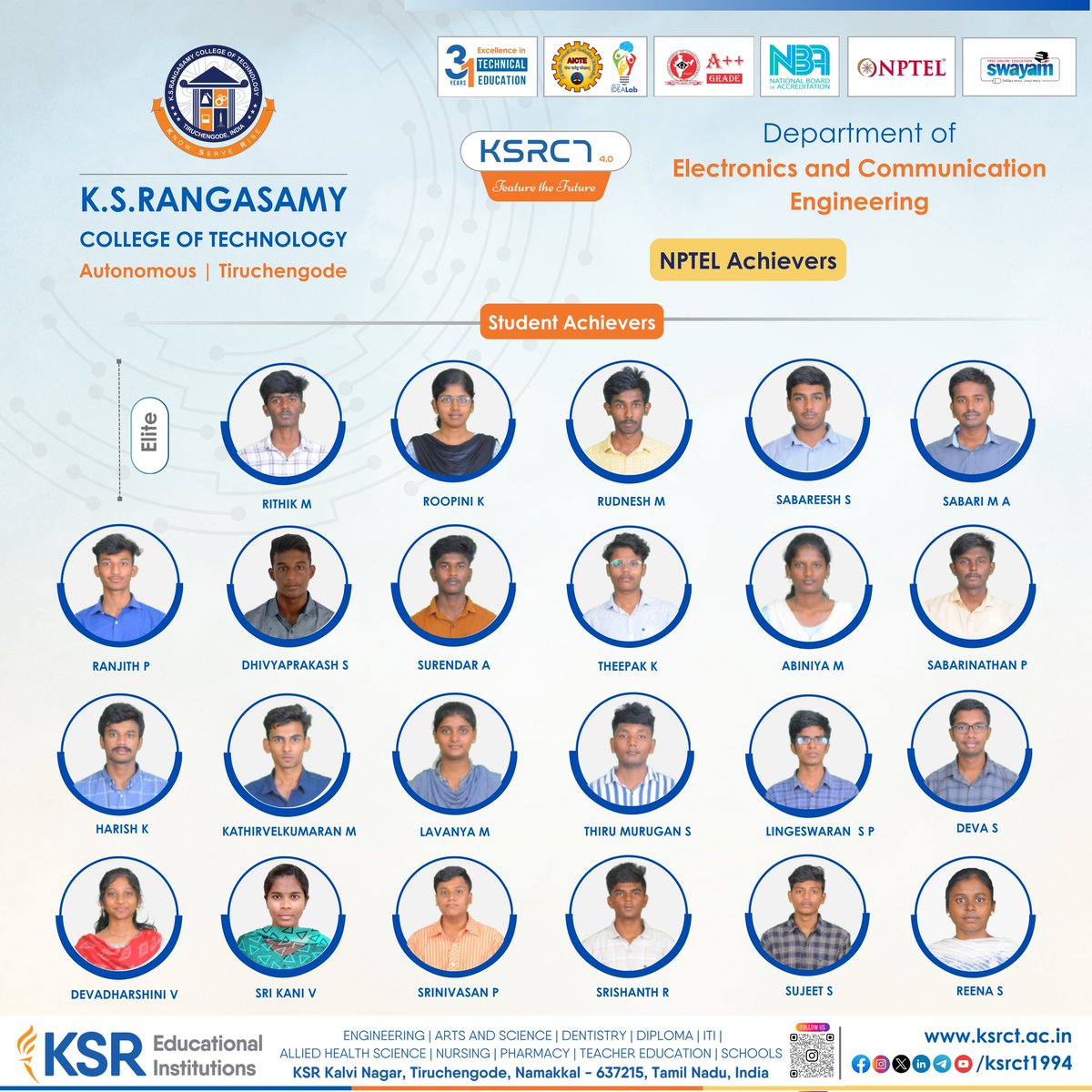 ksrct1994's tweet photo. ECE at KSRCT proudly recognizes the remarkable accomplishments of both faculty members and students in the NPTEL Certification Examinations.
#ksrct1994 #ksrct #ksrei #ECEDept #NPTEL #NPTELAchievements #ProudMoment #FacultyAchievers #StudentAchievers
#ContinuousLearning https://t.co/ROGVfNT5dw