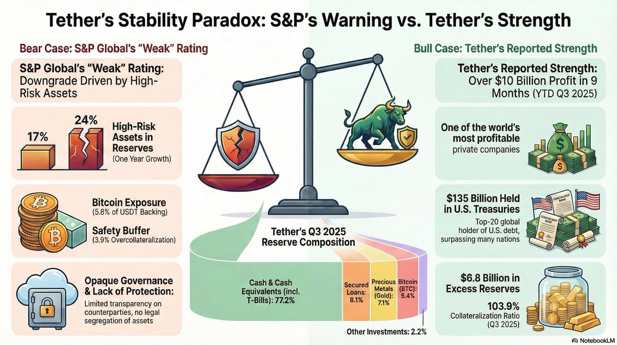 🧵 Tether’s Paradox: 
S&amp;P Just Gave USDT the Lowest Rating Ever (“Weak”)…  
Yet USDT Hit an ALL-TIME HIGH Market Cap 😭🤡

5 insane facts the legacy system doesn’t want you to know 👇🔥

1️⃣ Tether now holds MORE physical gold than most countries 🪙  
   → 116 tons (!!!)  
   →
