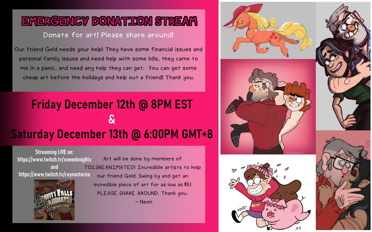 xNeonKnight's tweet photo. Hey everyone! I will be hosting an EMERGENCY DONO STREAM for a friend and animator, their living situation is shaky at the moment and we need a hand. GET SOME GREAT CHEAP ART BEFORE THE HOLIDAYS! - https://t.co/q456HV9K7Q  - #GravityFalls #FordPines #StanPines https://t.co/XU48871Zcl