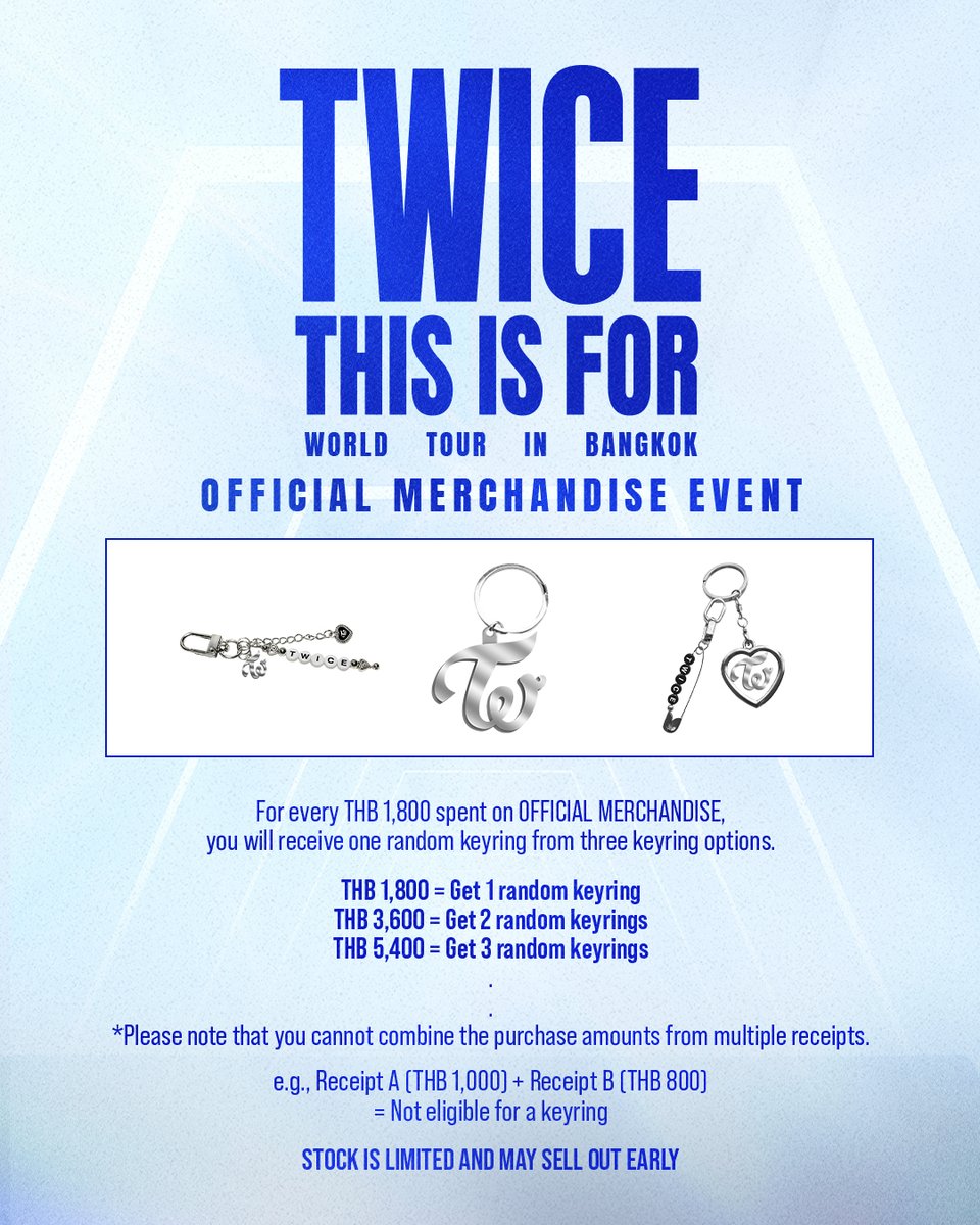 TWICE < THIS IS FOR > WORLD TOUR in BANGKOK
[ประกาศขายสินค้าที่ระลึก]
 
📆 วันเสาร์ที่ 13 ธันวาคม 2568 - วันอาทิตย์ที่ 14 ธันวาคม 2568
📍 อิมแพ็ค อารีน่า เมืองทองธานี
⏰ ประตูเปิด : 16:30 
⏰ การแสดงเริ่ม : 18:00
⏰ เวลาเปิดจำหน่ายสินค้า : VIP 13:00 / GA 15:00 

💰