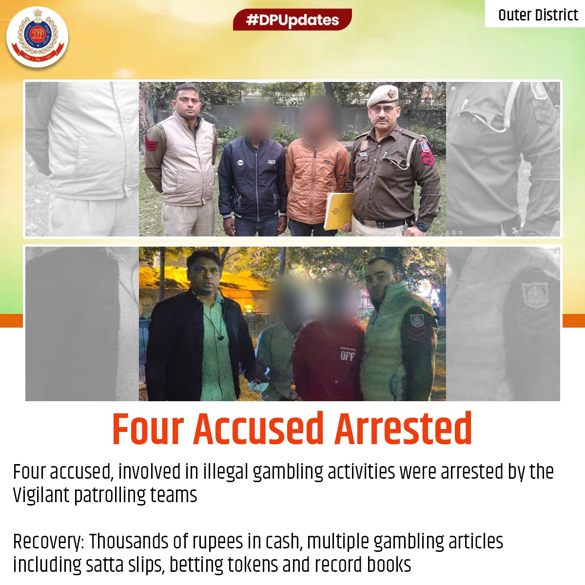 PS_Rajpark's tweet photo. Four accused persons,involved in illegal gambling were arrested by the vigilant patrolling teams. Thousands in cash and gambling materials including satta slips, betting tokens and record books were seized.
#DPUpdates
#dcpouter
@DelhiPolice https://t.co/rmgDuXn3YE
