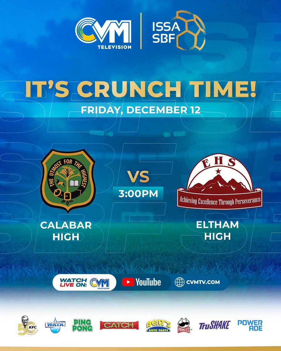 CVMTV's tweet photo. Coming in hot is another match to watch!
Calabar High clashes with Eltham High this Friday at 3 PM.
Don’t miss a goal - watch the match live on CVM TV, our website, or our YouTube channel at CVM Television Jamaica.
#CVM #CVMSports #ISSA #ISSAFootball #Football #Cbar #Eltham https://t.co/oOBsAY7eYg