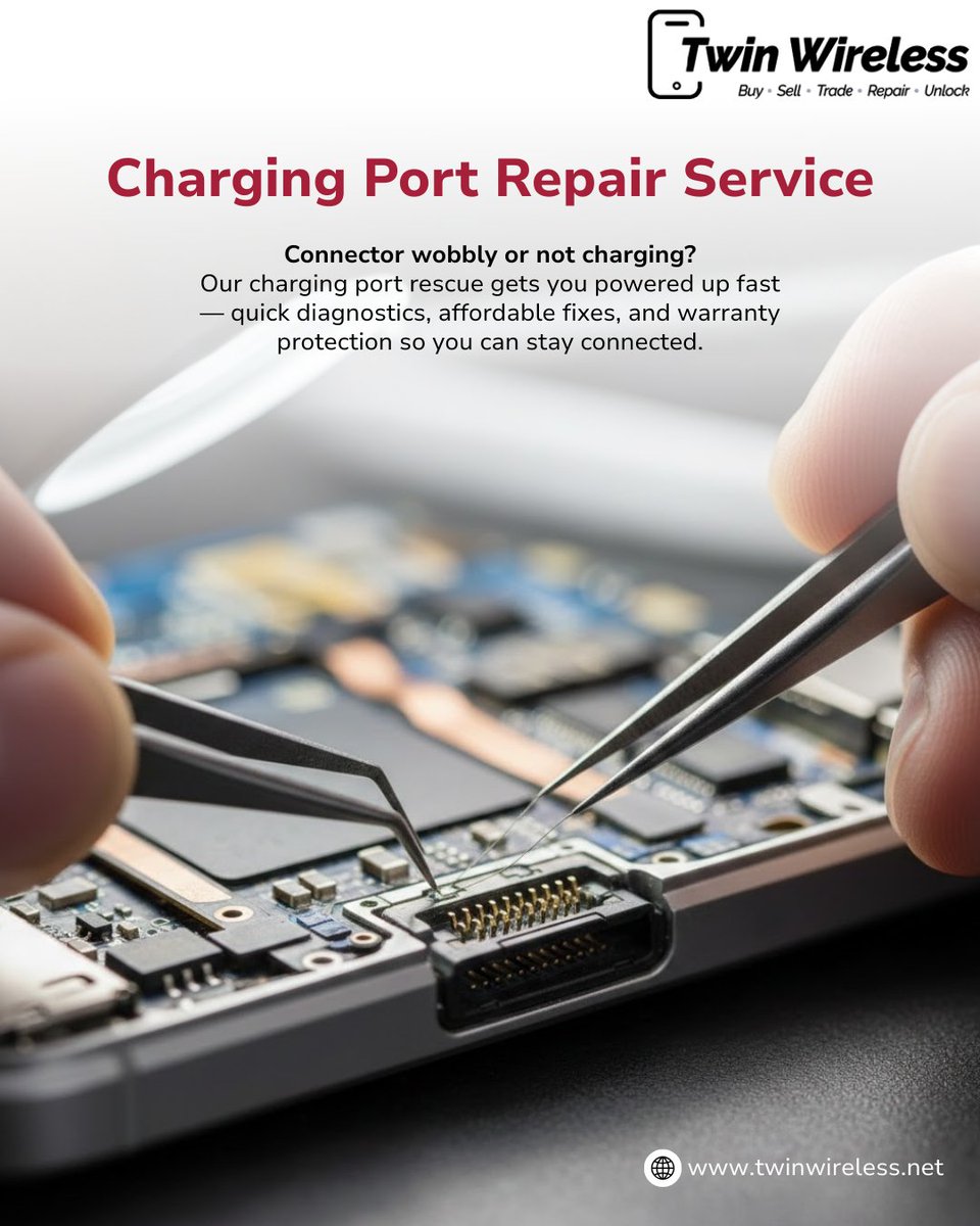 twinwirelessus's tweet image. Charging issues slowing you down? ⚡🔌
If your port feels loose, wobbly, or won’t charge, our Charging Port Repair Service gets you back to 100% fast. Quick diagnosis, affordable repairs, and warranty-backed service — stay powered, stay connected! 📱

#ChargingPort #phonerepair