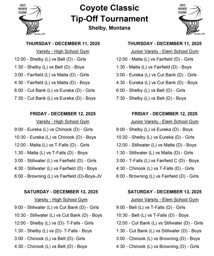 shelby_schools's tweet photo. UPDATED FRIDAY &amp; SATURDAY: Coyote Classic Schedule

If additional changes are needed, we will post them here.

Travel safely. https://t.co/G36bJIb9nr
