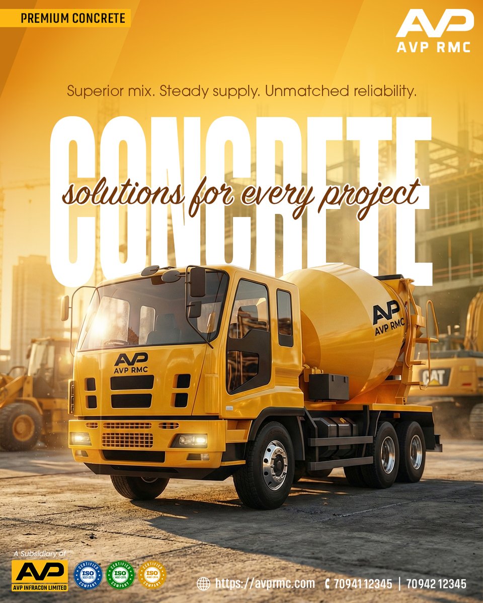 From consistent quality to on-time delivery, our concrete is engineered to perform on every site. With a superior mix, trusted supply for every project, big or small.

Visit avprmc.com
Contact: +91 70941 12345, +91 70492 12345

#ReadyMixConcrete #QualityConcrete